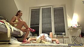 Are these hot college girls trying on lingerie at the party