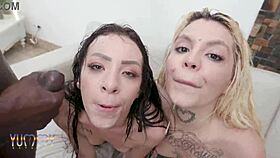 Sensual slaves Kyra and Giih dominated by five guys in intense group action with prolapse, squirts, and footjobs