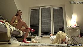 Are these hot college girls trying on lingerie at the party