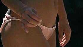 Skinny brunette milf flashes wet pussy outdoors