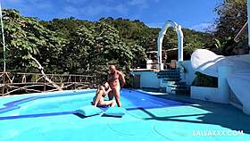 The tattooed latina gets freaky with monster cock by the pool