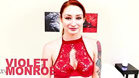Natural redhead Violet Monroe takes big cock POV. Deepthroat facefuck leads to cum swallow blowjob.