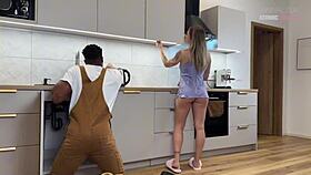 Slutty wife moans as black plumber fucks her wet pussy with huge cock.