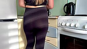 unexpected homemade encounter with a pregnant blonde in the kitchen, bent over for doggystyle fucking and creampie