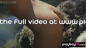 Skinny brunette milf flashes wet pussy outdoors