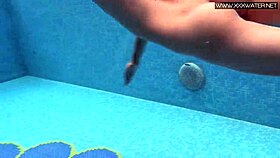 cute shy czech teen swims in pool with shorts
