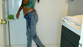 Latina strips off wet panties and jeans before stepping into the shower