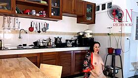 housewife in pantyhose gets orgasm cooking naked in kitchen