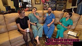 channy crossfire getting a dental checkup behind the scenes, tanned skin, short hair, in dress and gloves