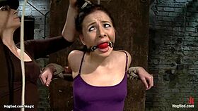 Oiled lesbian toyed on hogtie bondage