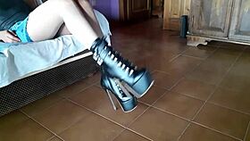 Ankle Boots Paired With Blue Very High Heels