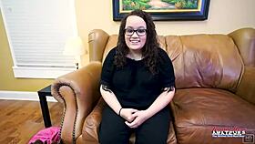 Busty brunette Harper B sucks cock before getting banged and jizzed in group fun