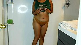 Latina strips off wet panties and jeans before stepping into the shower