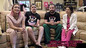 channy crossfire getting a dental checkup behind the scenes, tanned skin, short hair, in dress and gloves