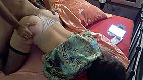 look at this slut in thong and corset sucking pov doggy, he says