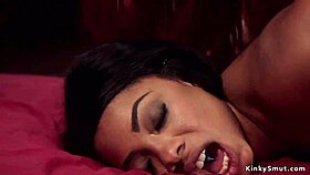 Ebony slave endures intense anal strapon fucking