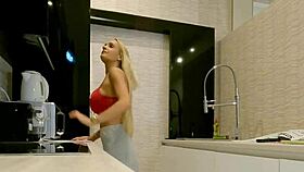 Big boobs blonde hot housewife at home in the kitchen no panties