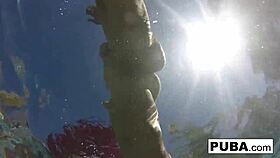 Olivia says, 'I'm having some summer fun in the pool with my big tits out.'