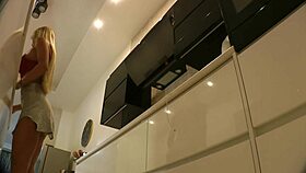 Big boobs blonde hot housewife at home in the kitchen no panties