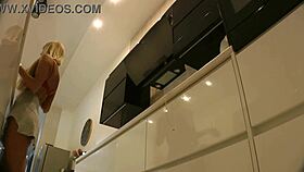 Big boobs blonde hot housewife at home in the kitchen no panties