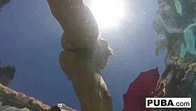 Olivia says, 'I'm having some summer fun in the pool with my big tits out.'