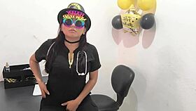 the hot office worker prepares an anal plug to play with her horny buttocks