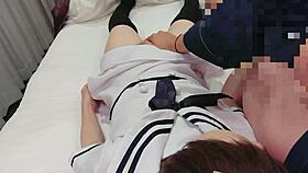 Asian girl in uniform cosplay riding scene