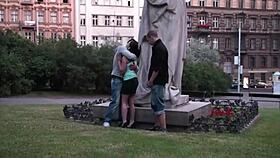 Cute Teen Girl Fucked By Two Guys In Public City Center Near Famous Statue