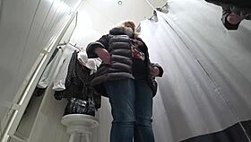 Story of hidden camera in public fitting room where fat milf disguises herself