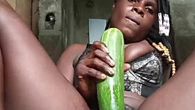 Curvy woman masturbates with huge cucumber in homemade solo scene