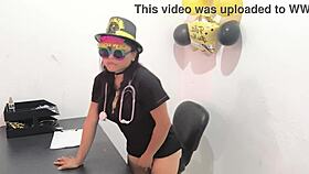 the hot office worker prepares an anal plug to play with her horny buttocks