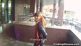 Shy teen Rina in glasses gets bent over for hardcore fucking on stairway, cumshot dripping from shaved pussy