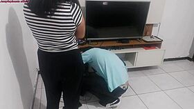 Housewife shows new lingerie to technician