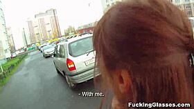 Shy teen Rina in glasses gets bent over for hardcore fucking on stairway, cumshot dripping from shaved pussy