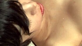 short haired brunette chick rides dick in red lingerie