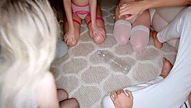 The teen got caught having sex with the guy by the milf, leading to an orgy.