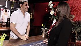 Horny brunette milf sucks cock and gets fucked in bar