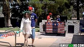 Young brunette threesomed with big cock group on holiday