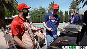 Young brunette threesomed with big cock group on holiday