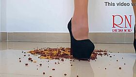 Cornflakes destroying with high heels boots on the floor