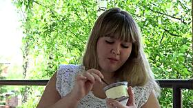 chubby milf mukbang fat belly outdoor