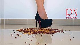 Cornflakes destroying with high heels boots on the floor
