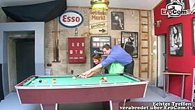 Curvy fat tits german slut intensely fucks on billiard table