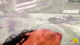 gorgeous brunette and her lesbian friend in bikinis having sex outdoors with a sex toy