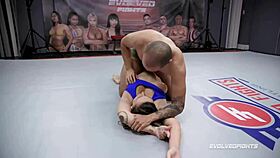 busty red wrestles nude against oliver davis, deepthroating his cock