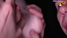 Intense close-up of licking, sucking, and touching those puffy tits