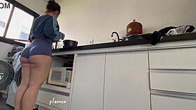 Latina woman showcases her big ass in tight shorts during solo session