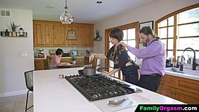 Familyorgasm - old man fucks daring daughter and wife while cooking spaghetti
