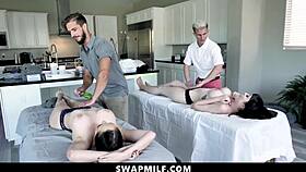 Horny milfs getting massage from eager guys in wild 4some 😏