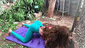 i'm fucking this sex doll's ass with my hand and toys outdoors